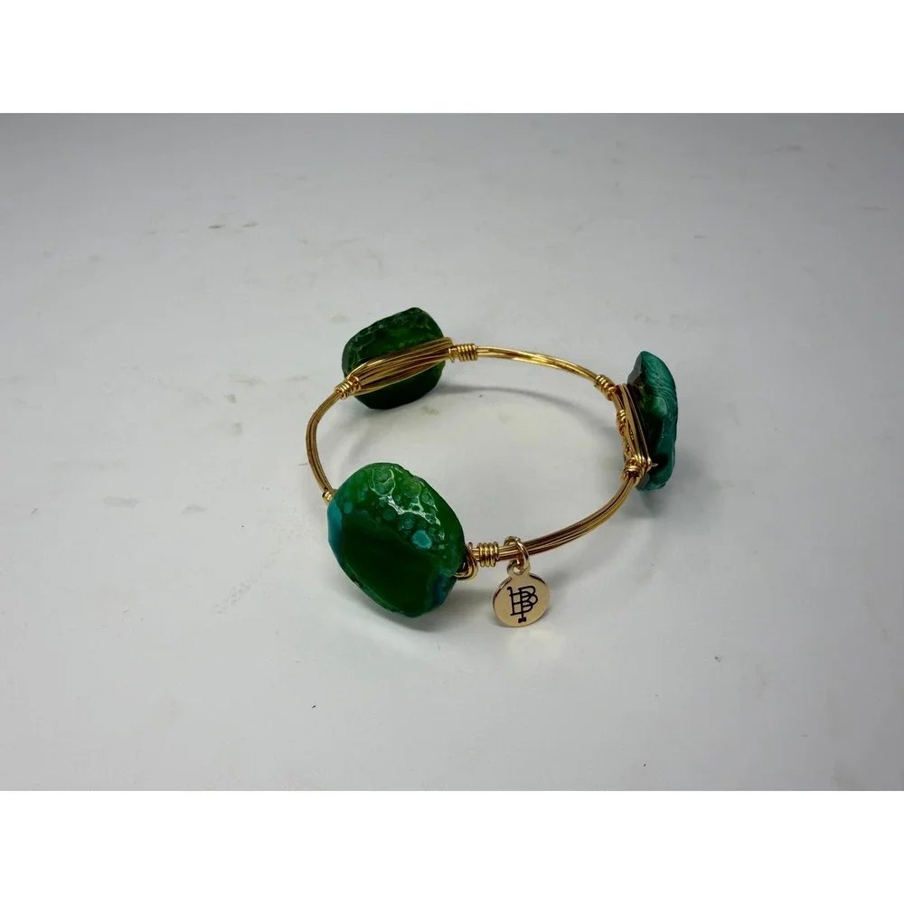 Bourbon & Boweties Green Agate Gold Wire Wrapped Bangle Bracelet Stone Trio